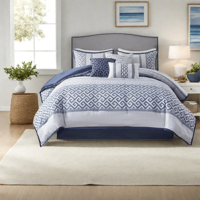 Elegant 7-piece Bedding Set, Navy Jacquard Polyester Comforter & Pillow Set For Modern Bedrooms