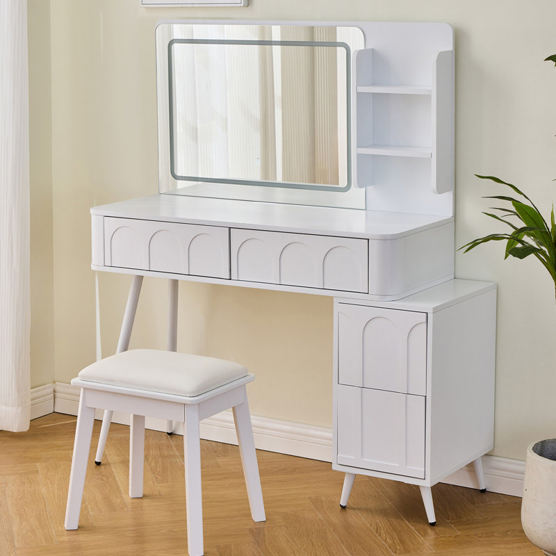 Meuble-lavabo moderne avec lumières DEL et miroir, ensemble de coiffeuse 4 tiroirs avec tabouret, luminosité réglable en 3 couleurs, peu encombrant pour la chambre à coucher, blanc