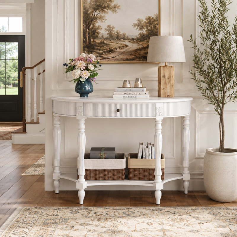Console demi-lune avec tiroir et tablette ouverte, table d'entrée étroite pour le salon, table d'appoint décorative avec détails sculptés et rangement
