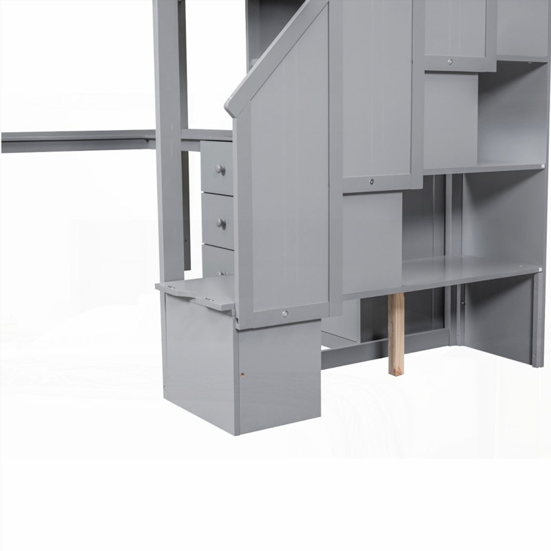 Lit mezzanine simple avec bureau en L et amp; Tiroirs, armoire et amp; Escalier de rangement - Aucun sommier requis, robuste Durable