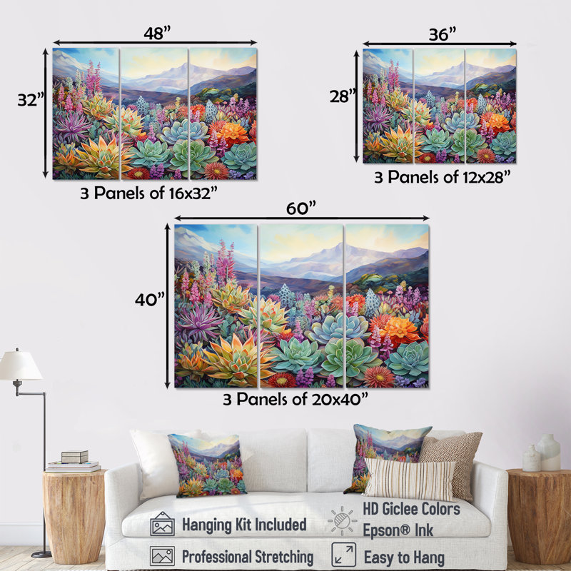 «Green Succulent Desert Charm I», ensemble d'art mural sur toile, Toile tendue, H 32 po x l 48 po x P 1 po