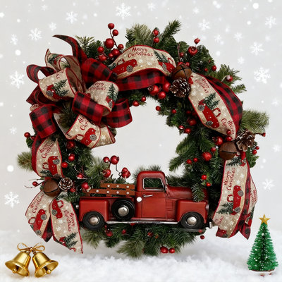 Couronne de Noël camion rouge, couronne d'hiver 15,7 x 15,7 avec baies, pomme de pin et ornements suspendus de Noël rétro pour porte d'entrée, mur, fête, couronnes de Noël