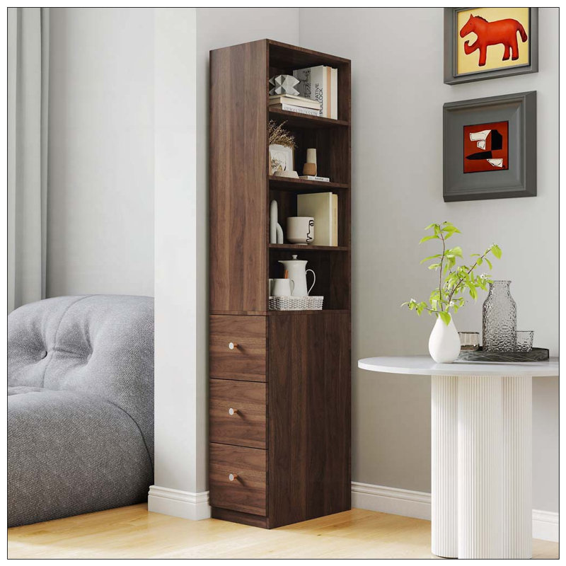 Armoire de rangement haute avec 3 tiroirs et 4 tablettes, Noyer