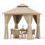 Gazebo de terrasse extérieure de 2,4 m x 2,4 m avec toit à deux étages, moustiquaire et rideaux d'intimité
