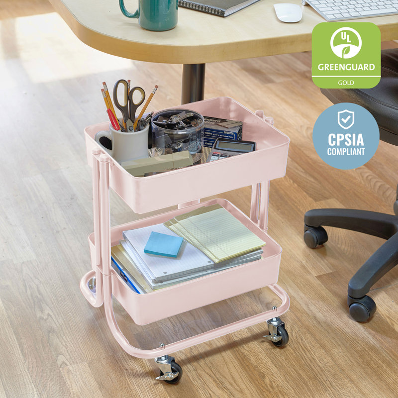 ECR4Kids Pink 2-Tier Metal Rolling Utility Cart