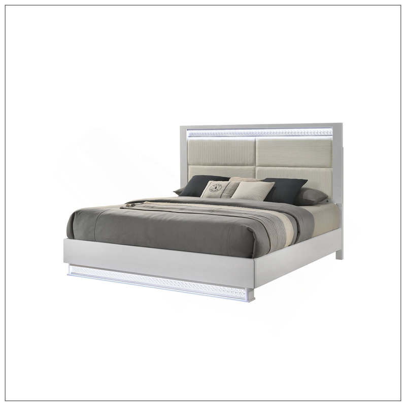 Grand lit Glam de style moderne avec tête de lit à DEL et bois en blanc