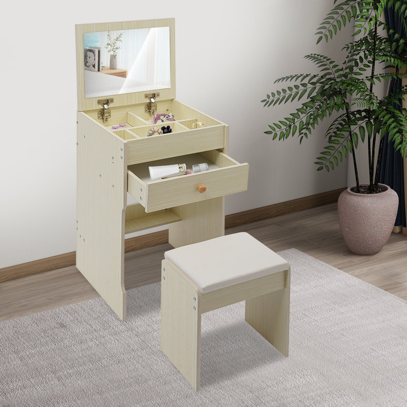 Table de coiffeuse avec miroir et tabouret, Ivoire ivoire