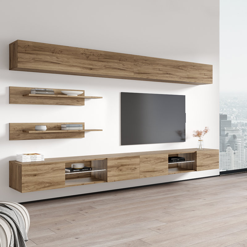 Livermore 126" Modern Floating Wall Mounted Entertainment Center with 16-Color LED Lighting, High Gloss Finish, Oak