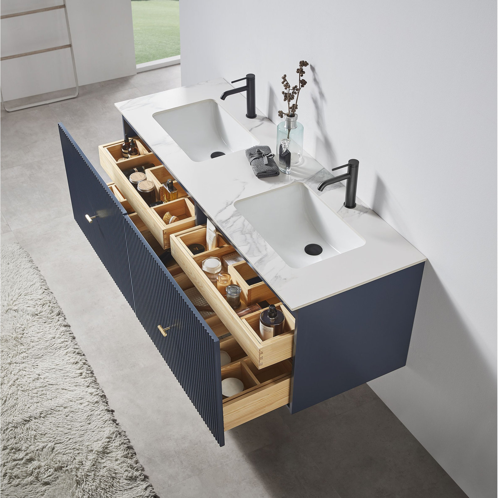 Jamell 60'' Double Bathroom Vanity, Dark Blue, White