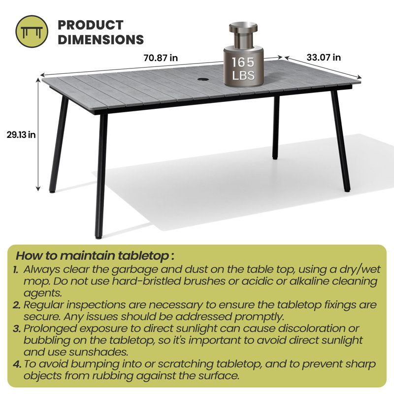 Table de salle à manger de patio avec trou pour parasol et structure en aluminium, Gris, H 29,13 po x L 70,87 po x l 33,07 po