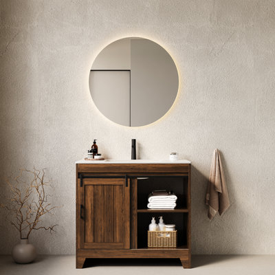 Armoire de rangement pour salle de bain 36 po avec lavabo, style rétro. Noyer foncé, comptoir en pierre frittée, cuve en céramique et autoportante fonctionnelle. Comptoir, choix robuste