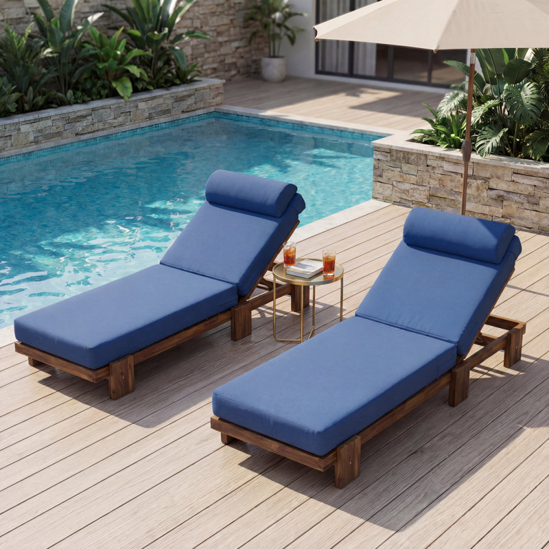 78.8" Acacia Wood Outdoor Chaise Lounge, Adjustable Recliner with Headrest & Retractable Side Tray for Patio, Poolside, Garden