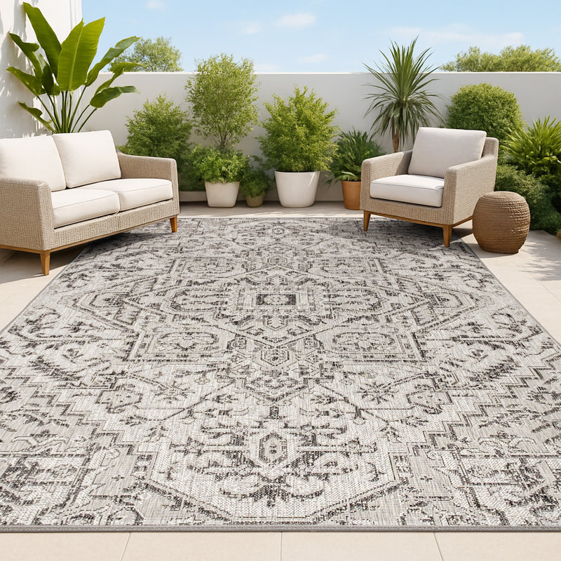 Truman Bohemian Medallion Textured Weave Black/Gray Indoor/Outdoor Rug, Rectangle 10' x 14'