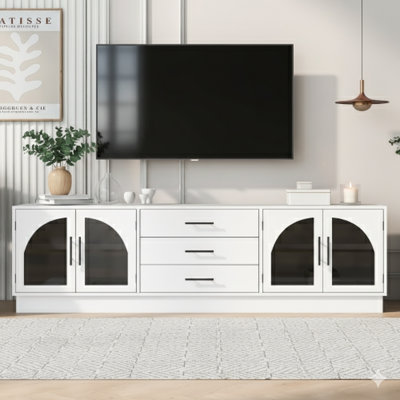 Meuble télé minimaliste de 68,9 pouces pour téléviseurs de 75 pouces ou moins, un meuble multimédia avec tablettes réglables pour le salon.