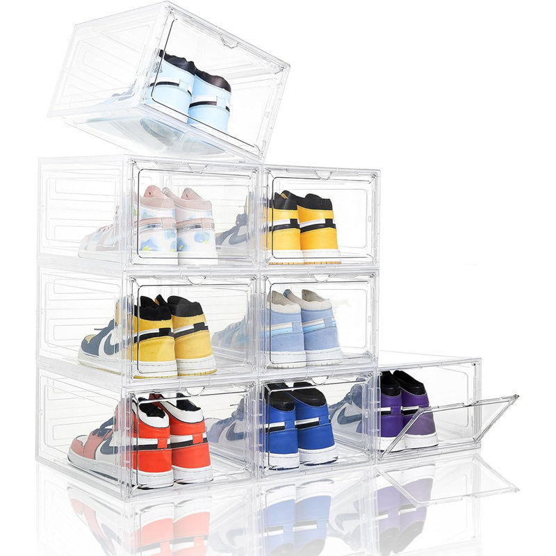 Boîte de rangement transparente pour chaussures empilable avec porte magnétique, organisateur en plastique robuste pour chaussures de sport, assemblage facile, conception ventilée