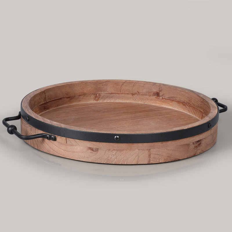 Round Coffee Table Tray, Wood Serving Tray With Metal Handles, Round Decorative Trays For Coffee Table
