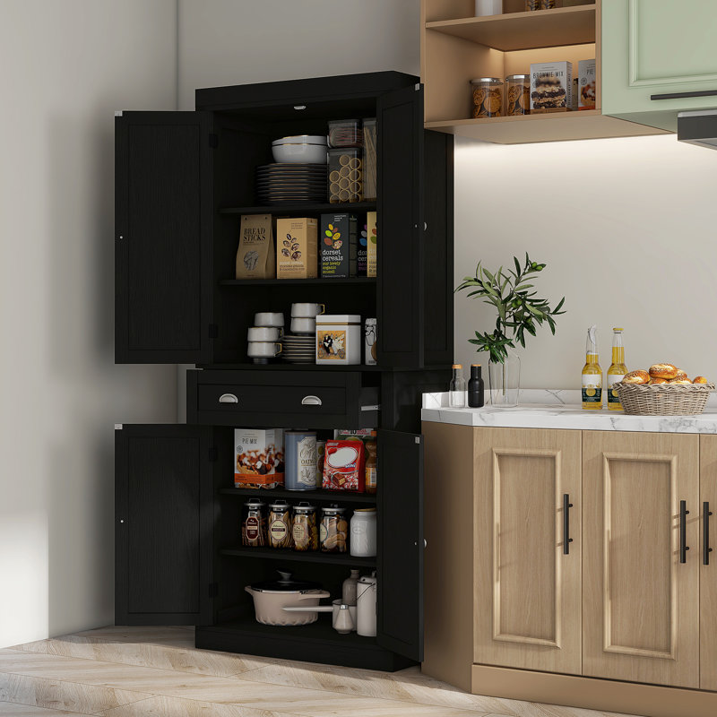Armoire de cuisine, grand garde-manger avec tiroir grain de bois noir