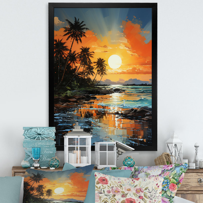 Cabriales, palmiers, lever de soleil II sur toile, H 32 po x l 24 po x P 1 po, Cadre noir