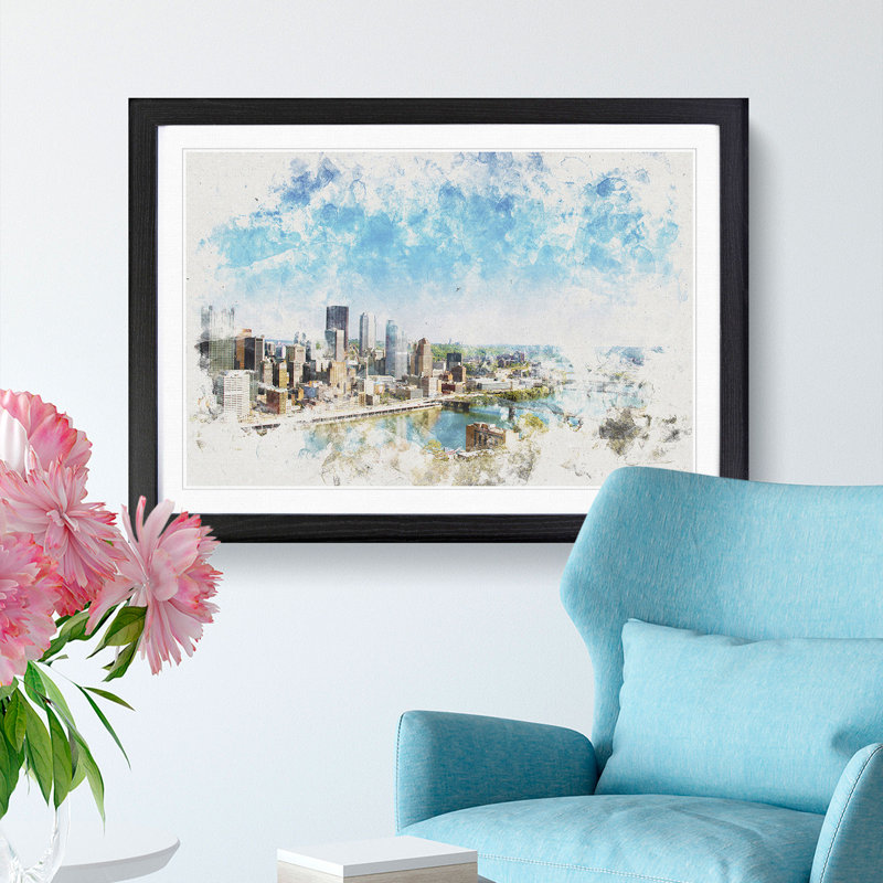 Skyline of Pittsburgh Pennsylvania - Picture Frame Painting Print, 24cm H x 33cm W x 2cm D, Black Framed