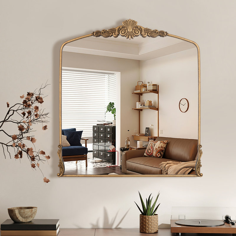 Miroir mural baroque vintage en forme d'arche, 91 x 76 cm, avec cadre en métal doré, 36" x 30"