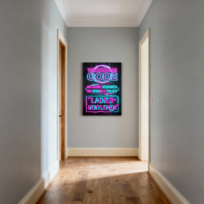 Neon Washroom Code Sign Canvas Wrapped Wall Art Oil Painting Print With Pink And Blue Glow Effect For Bathroom Decor