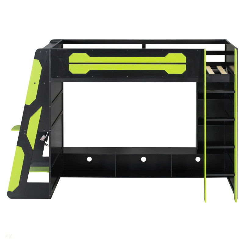 Lit mezzanine en bois avec bureau, tablettes multiples et lumière RVB, Green