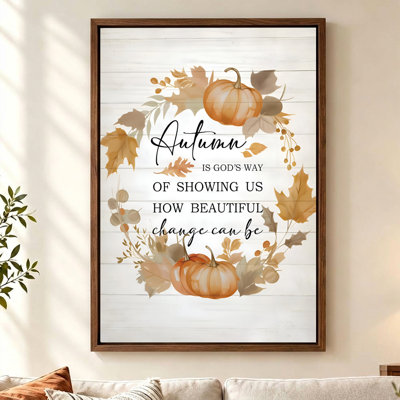 Tableau sur toile encadré avec couronne de citrouilles d'automne, cadre flottant brun, impression pour les fêtes, 76 cm (H) x 51 cm (L)