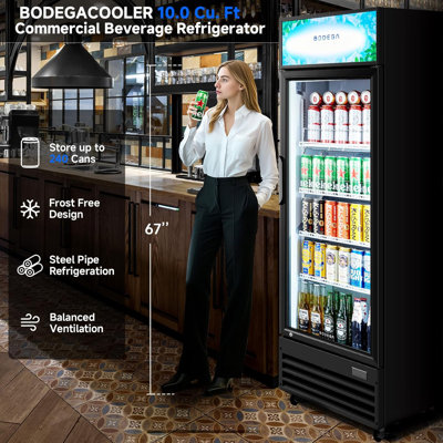 10 pieds cubes Réfrigérateur à boissons Ft, glacière simple à porte vitrée avec éclairage à DEL, tablettes réglables et roulettes verrouillables