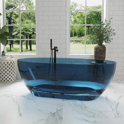 63 In. X 29 In. Solid Surface Freestanding Flatbottom Soaking Bathtub in Transparent Blue