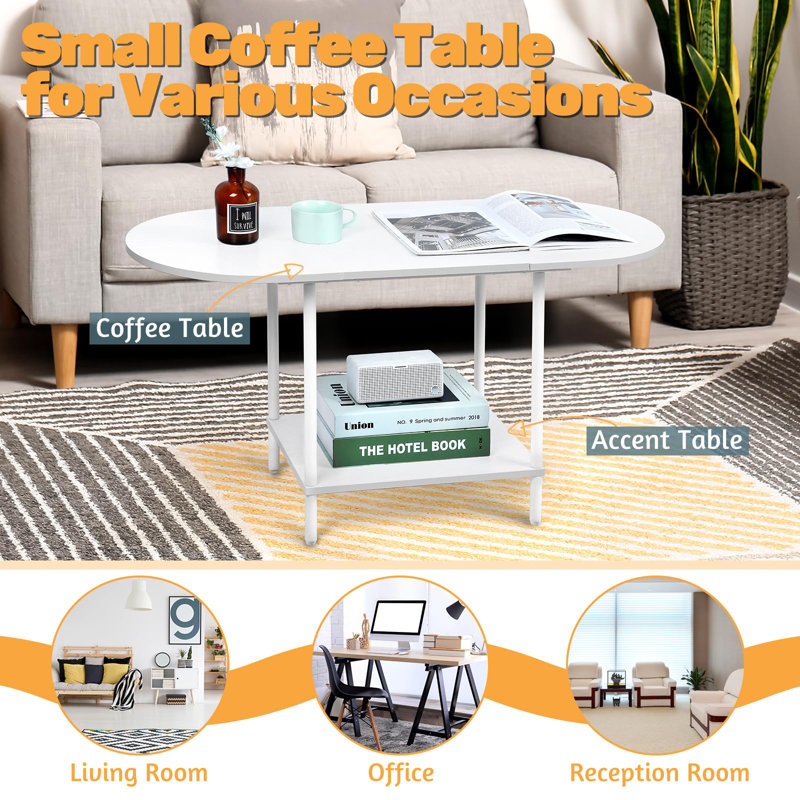 White Oval Wood Coffee Table with Storage Shelf