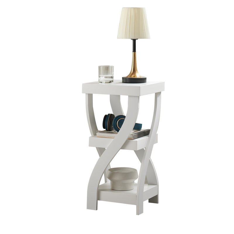 Twisted Wood Accent End Table, 3-Tier Side Table with Open Storage Shelves, Narrow Nightstand or Sofa Table for Bedroom, Living Room & Office - White