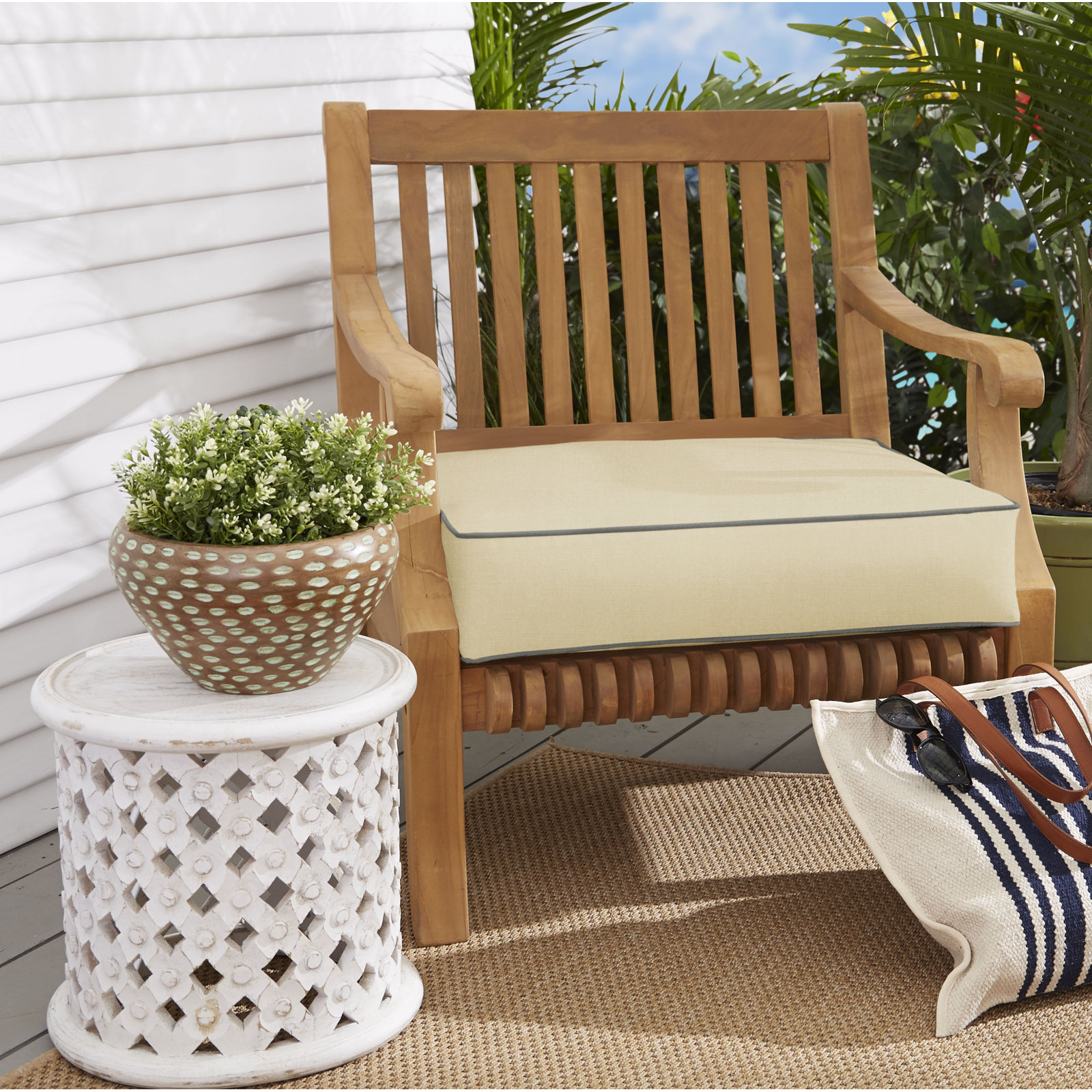 30" Sunbrella® Dining Chair Cushion, Sunbrella - Canvas Antique Beige/Cord Canvas Charc, 5" H x 25" W x 25" D