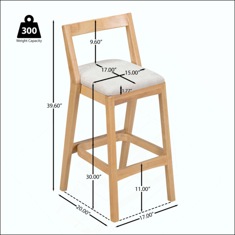 Tabouret de bar d'intérieur en bois d'hévéa, fini et revêtement, ensemble de 2, Naturel