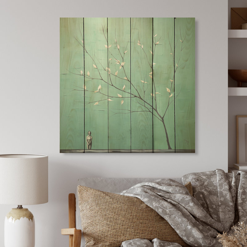 «Botanical Seafoam Solitude I», art mural en bois sur bois de pin naturel, H 15 po x l 15 po
