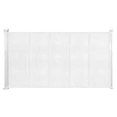 Barrière de sécurité rétractable pour enfants et animaux de compagnie, hauteur 86 cm, largeur extensible jusqu'à 140 cm, en maille, facile à installer pour les escaliers, portes, couloirs et salles de jeux, blanche.