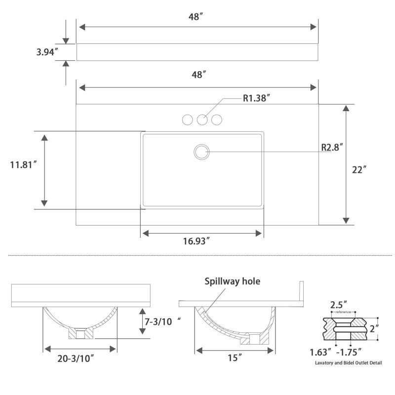48'' Quartz Single Bathroom Vanity Top with Sink