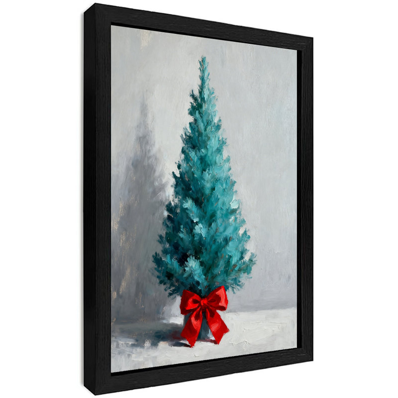 Reproduction encadrée noire rétro d'un arbre de Noël bleu avec un nœud papillon rouge, H 11 po x l 9 po