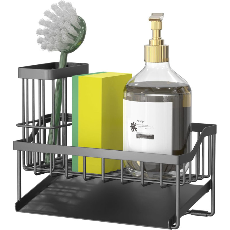 Organisateur d'évier de cuisine avec plateau autodrainant, support à éponge antirouille et support à brosse à vaisselle, rangement de comptoir compact pour accessoires de cuisine, noir