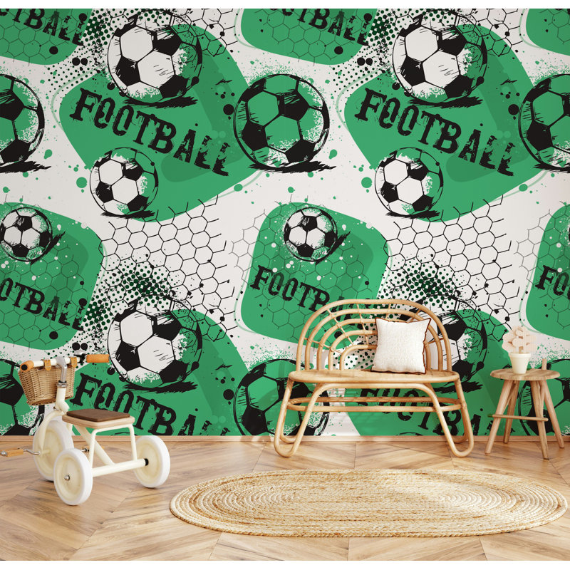 Green Soccer Print Kids Room Wallpaper, 105.96" L x 187" W