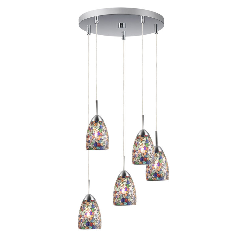 Murphy 5 - Light Cluster Pendant, Multi-Colored Mosaic, Satin Nickel