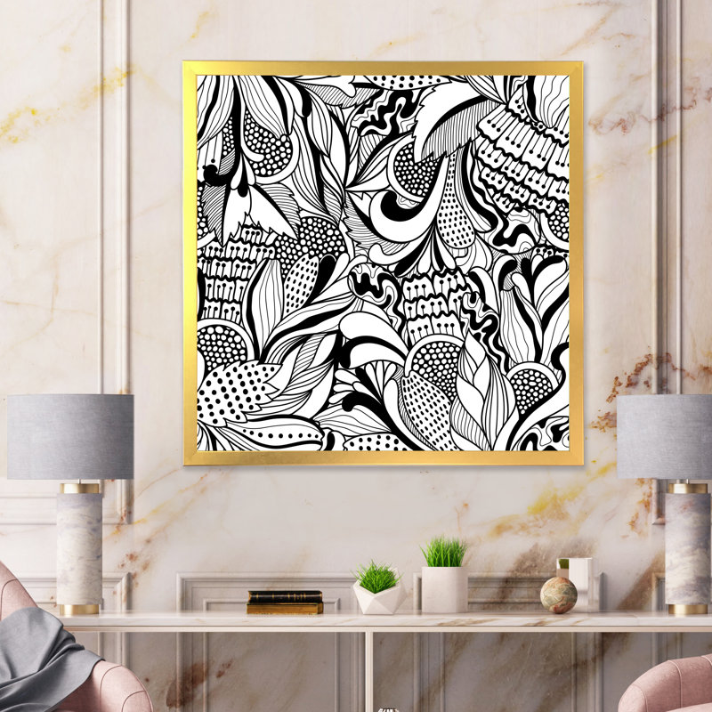 Fleurs abstraites en noir et blanc - Impression sur toile, H 36 po x l 36 po, Toile avec cadre photo doré