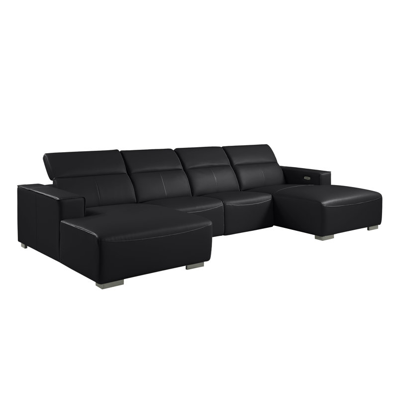 Canapé modulaire en U en cuir véritable 4 pièces noir avec appuis-tête réglables noirs, Black Genuine Leather