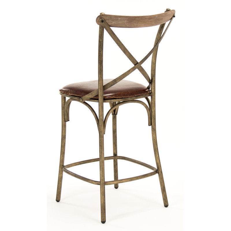 Adjustable Iron-Base Counter Stool in Black Leather and Weathered Bronze