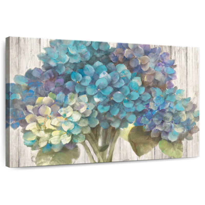 Harnek Turquoise Hydrangea On Barn Board, 24" H x 36" W