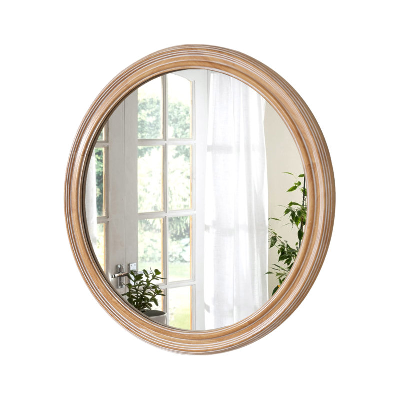 27.5 Inches Round Wall Mirror For Bathroom Vanity, Wooden Farmhouse Circle Mirrors For Bedroom, Entryway, Living Room, Kithen Whitewash Edge Decorative Mirror For Home, Office