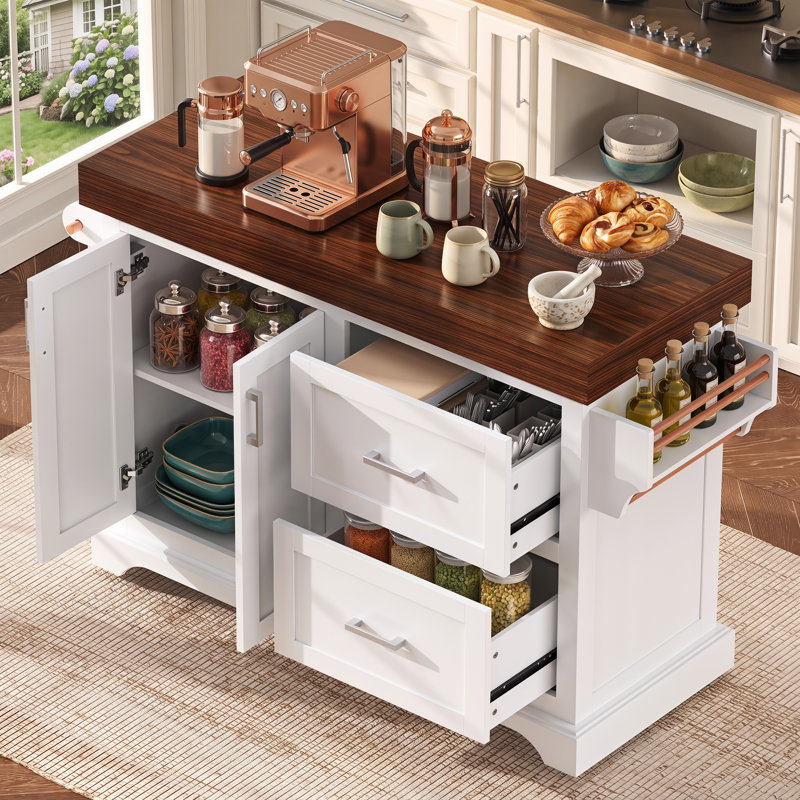 Îlot de cuisine 53 po avec bureau de 3,5 po d'épaisseur, 2 grands tiroirs, porte-épices et porte-serviettes, 5 roulettes