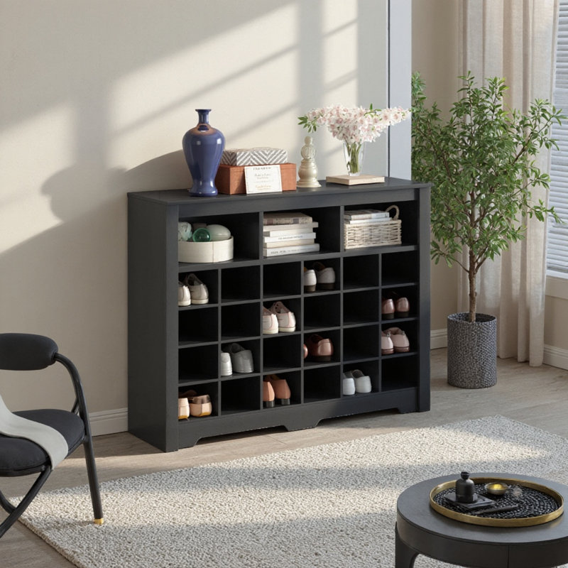 Armoire à chaussures pour 24 casiers avec rangement courbé et base polyvalente, Noir