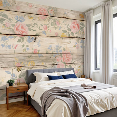 Vintage Floral Wooden Plank Pastel Roses Rustic Shabby Chic Texture Wall Murals 100"H x 144"W Peel and Stick Wallpaper Wall Decor for Bedroom Cabin