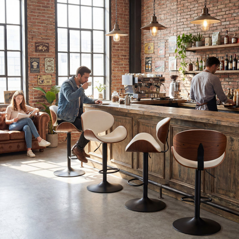 Swivel Adjustable Height Bar Stools Pu Leather Counter Stools With Bentwood Back For Bar, Kitchen And Dining Room, Black, 6