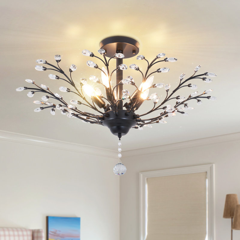 Dron 5 - Light 30" Vintage Sputnik Crystal Flush Mount Dimmable Light Fixture, Matte Black